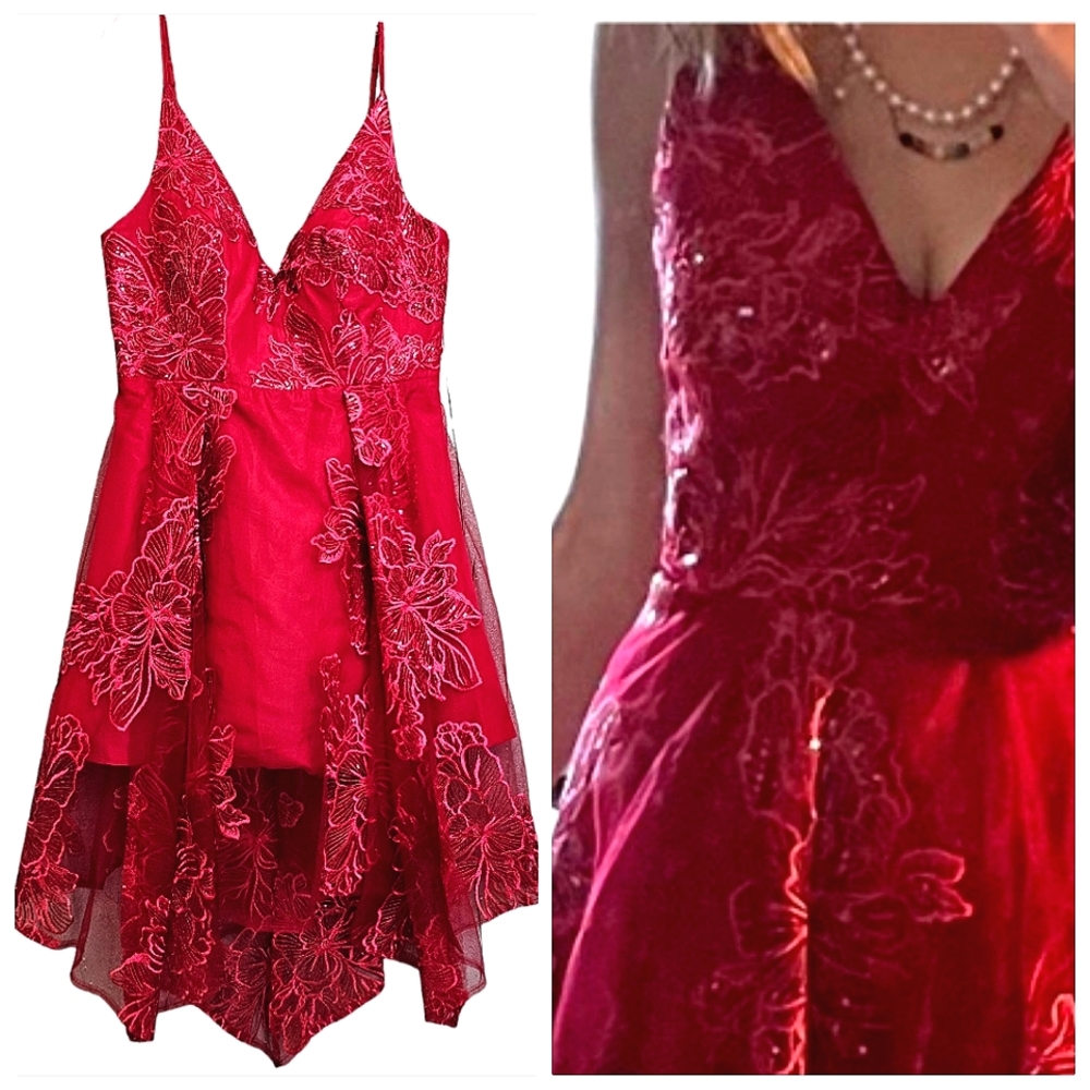 Zapaka Red Floral Sequined Lace V Neckline Asymmetrical High low Cocktail Dress